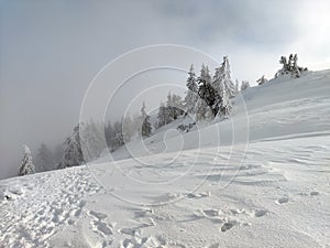 Winter in the mountains. Hiking during wintertime. Snow storm in the high mountains