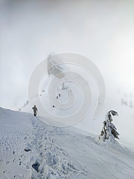 Winter in the mountains. Hiking during wintertime. Snow storm in the high mountains