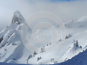 Winter in the mountains. Hiking during wintertime. Snow storm in the high mountains