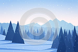 Winter Mountains landscape with pine forest. Christmas background