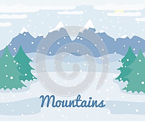 Winter mountains landscape with spruce trees and snow, winter outdoor view, countryside nature illustration