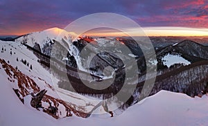 Winter mountains landscape at sunrise, panorama