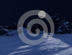 Winter mountains at night under the moon