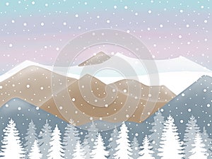 Winter mountains snowfall in fir-tree forest illustration. Christmas and New year greeting card. Ski season