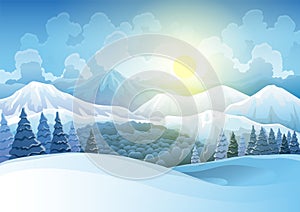 Winter mountains snowy landscape with pines forest and hills on background. Vector drawing of snow-covered field on
