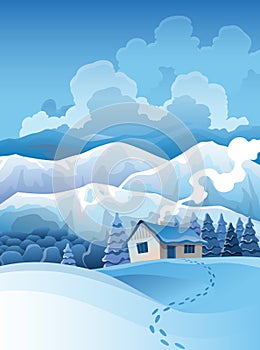 Winter mountains snowy landscape with pines forest and hills on background. Vector drawing of snow-covered field on