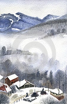 Winter mountains, watercolor landscape