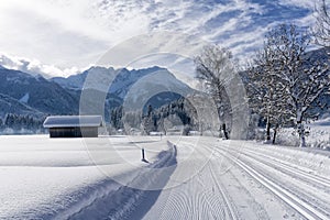 Winter mountan landscape with groomed ski track and blue sky in sunny day, snow-covered trees along the road