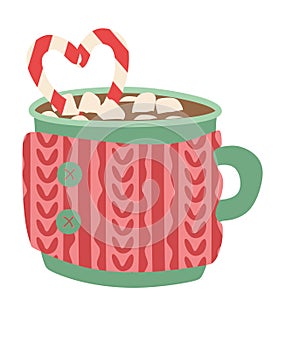 Winter Mug with Hot chocolate drink. Christmas Cup in knitted cosy holder. Cocoa with marshmallows, candy cane. Warming beverage,