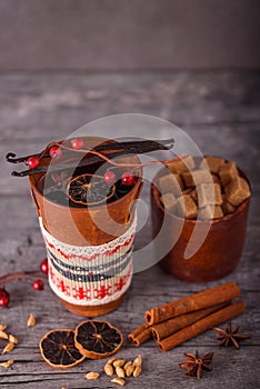 Winter mulled wine in the rustic metal mug