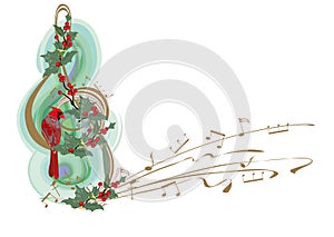 Winter music. Abstract treble clef decorated with snowflakes and notes, holly and birds.