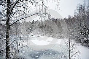 Winter nature landscape with a frozen river in the snow covered forest