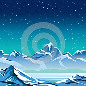 Winter nature landscape - mountains, lake, night sky.