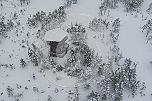 Winter nature scene of Estonia. Observation tower on the Viru swamp in winter. Drone view