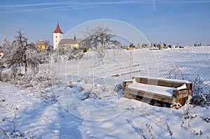 Winter near church. Rectory and church in winter