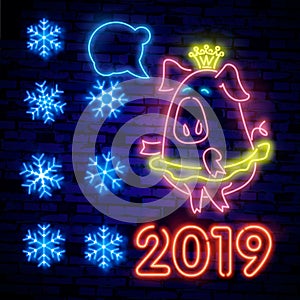Winter neon. snowflakes with glow. 2019 Happy New Year Neon lights design, Merry Christmas and Xmas background, retro card, vector