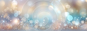 Winter, New Year or Christmas abstract background with snowflakes, glitter and bokeh on a light background