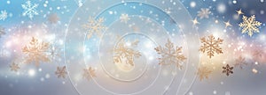 Winter, New Year or Christmas abstract background with snowflakes, glitter and bokeh on a light background