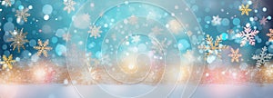 Winter, New Year or Christmas abstract background with snowflakes, glitter and bokeh on a light background