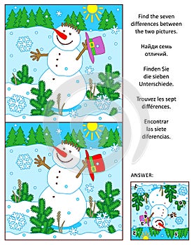 Winter, New Year or Christmas find the differences picture puzzle with snowman