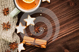 Winter and New Year theme. Christmas tea with spices