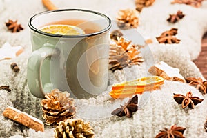 Winter and New Year theme. Christmas tea with spices