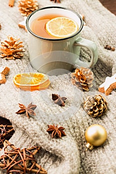 Winter and New Year theme. Christmas tea with spices