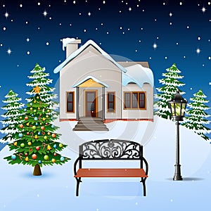 Winter night background with house, wood bench and christmas tree on the snow hills