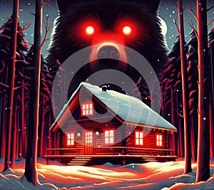 Winter night cabin. Grizzly bear. Glowing red evil eyes. Vintage, retro 80s poster illustration style. Snow covered rooftop.