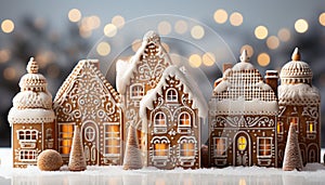 Winter night celebration snow, gingerbread house, Christmas lights, candy, snowman generated by AI