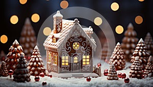 Winter night celebration snow, gingerbread house, Christmas lights, sweet food generated by AI