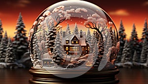 Winter night celebration snow, tree, decoration, glowing lantern, Christmas ornament generated by AI
