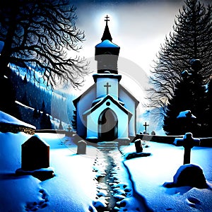 Winter Night Charm: Old church in mountain village, moonlit cemetery, and enchanting trees. Created with AI