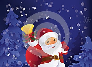 Winter night in Christmas forest. Santa Claus with gift bag and bell in hand.