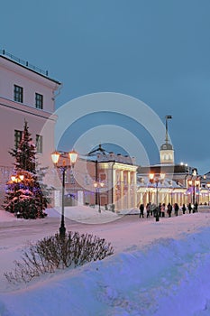 Winter night on city street. Kazan, Russia