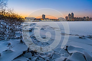 Winter Night Cityscape close to the Dnieper River in Kiev