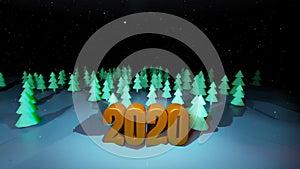 Winter night, coniferous forest with backlight and golden inscription 2020 in cartoon style, blank for a festive