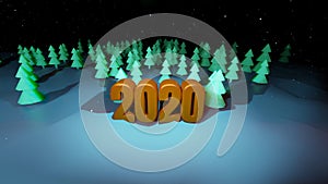 Winter night, coniferous forest with backlight and golden inscription 2020 in cartoon style, blank for a festive