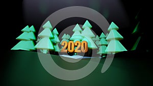 Winter night, coniferous forest with backlight and golden inscription 2020 in cartoon style, blank for a festive