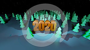 Winter night, coniferous forest with backlight and golden inscription 2020 in cartoon style, blank for a festive
