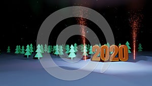 Winter night, coniferous forest with backlight and golden inscription 2020 with fireworks in cartoon style, blank for a