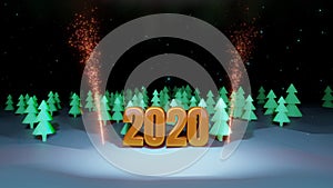 Winter night, coniferous forest with backlight and golden inscription 2020 with fireworks in cartoon style, blank for a