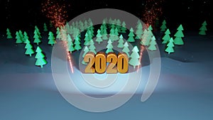 Winter night, coniferous forest with backlight and golden inscription 2020 with fireworks in cartoon style, blank for a