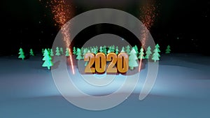 Winter night, coniferous forest with backlight and golden inscription 2020 with fireworks in cartoon style, blank for a