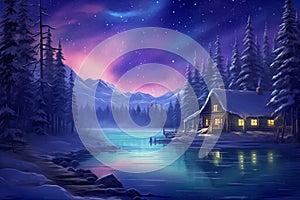 Winter night with a cozy cabin by a lake in snow covered forest and colorful nothern light in the sky