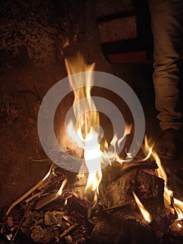 Winter night fire, wood small fire,night small fire