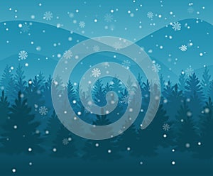 Winter night forest. falling snow in the air. christmas theme. new year weather. background