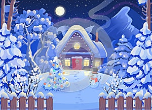 Winter night forest landscape with wooden house, mountains, moon and starry sky, snowman, Christmas tree. Vector drawing