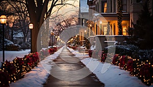 Winter night, illuminated tree, snow covered street, Christmas decoration, glowing lantern generated by AI