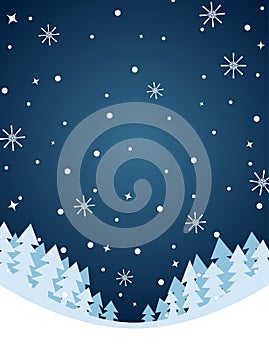 Winter night illustration with snowfall and trees